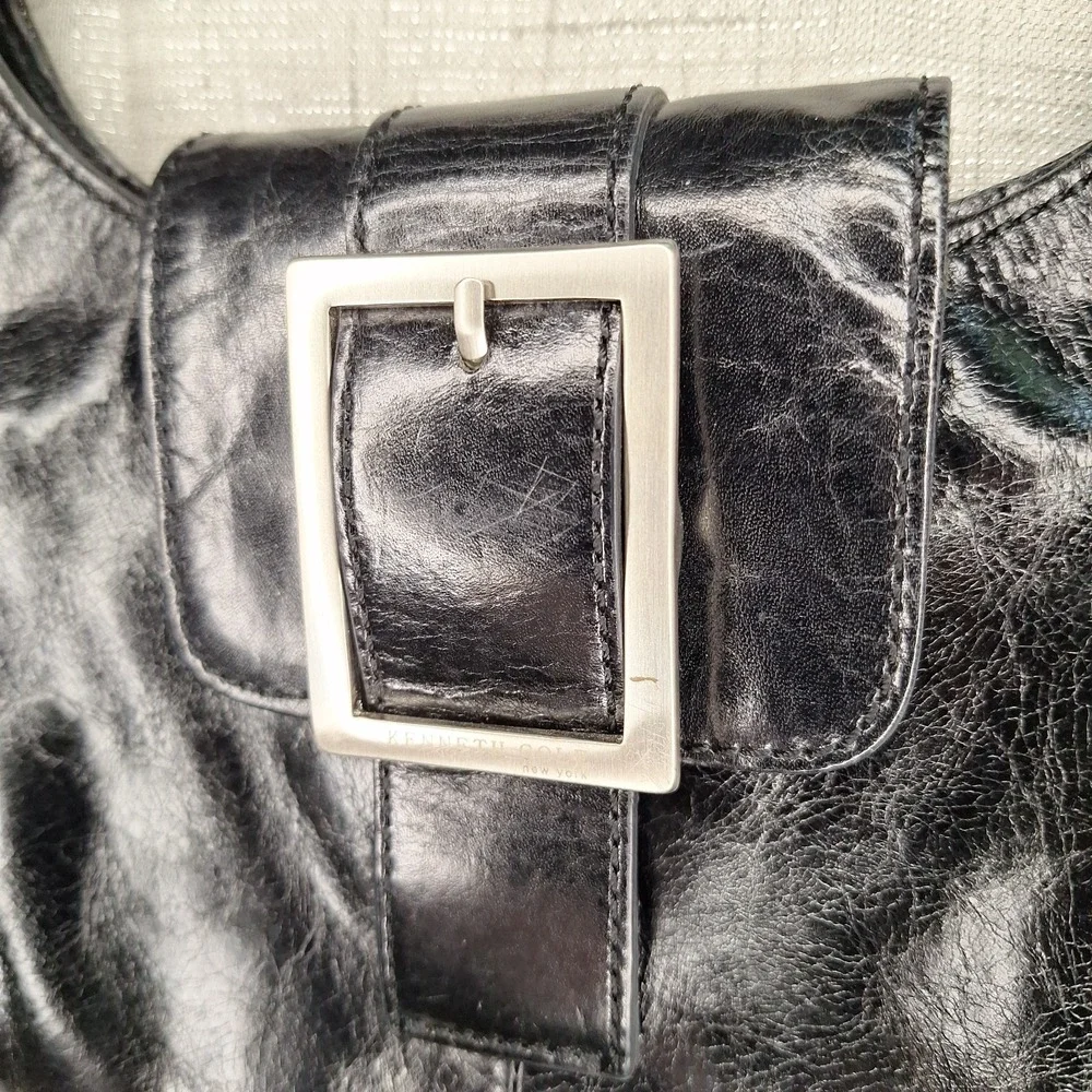 Kenneth‎ Cole New York Black Leather Med Small Hobo Buckle Accent Handbag Purse